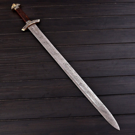 Handcrafted Damascus Steel Double Edge Sword 38 Rosewood Handle Engraved Zinc Guard 1095/15N20 High Carbon Steel