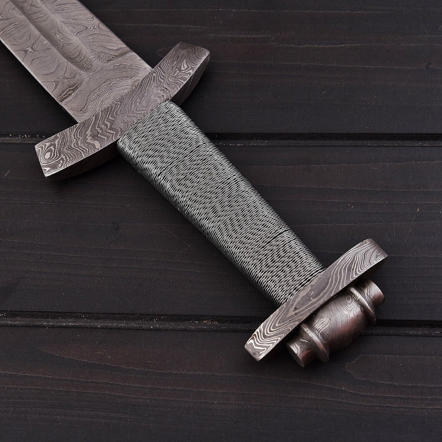 Handcrafted Damascus Steel Double Edge Sword 29.5 Overall Length Leather Sheath Included Collector Display Piece