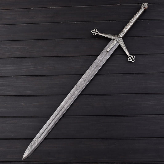 39" Scottish Claymore Sword with Damascus Steel Blade Double Edge with Leather Sheath