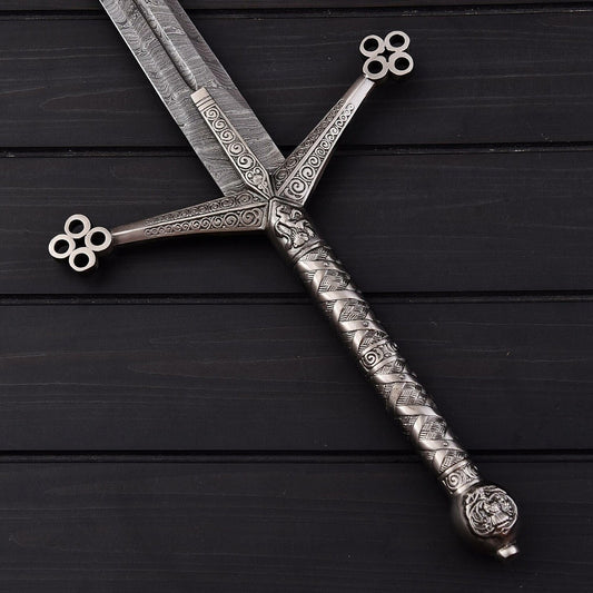 39" Scottish Claymore Sword with Damascus Steel Blade Double Edge with Leather Sheath