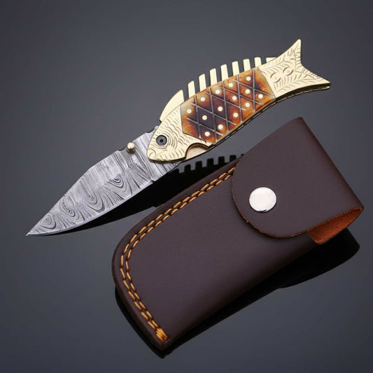 7" Hand-Forged Damascus Camping Knife with Brass & Bone Fish Inlay – Leather Sheath