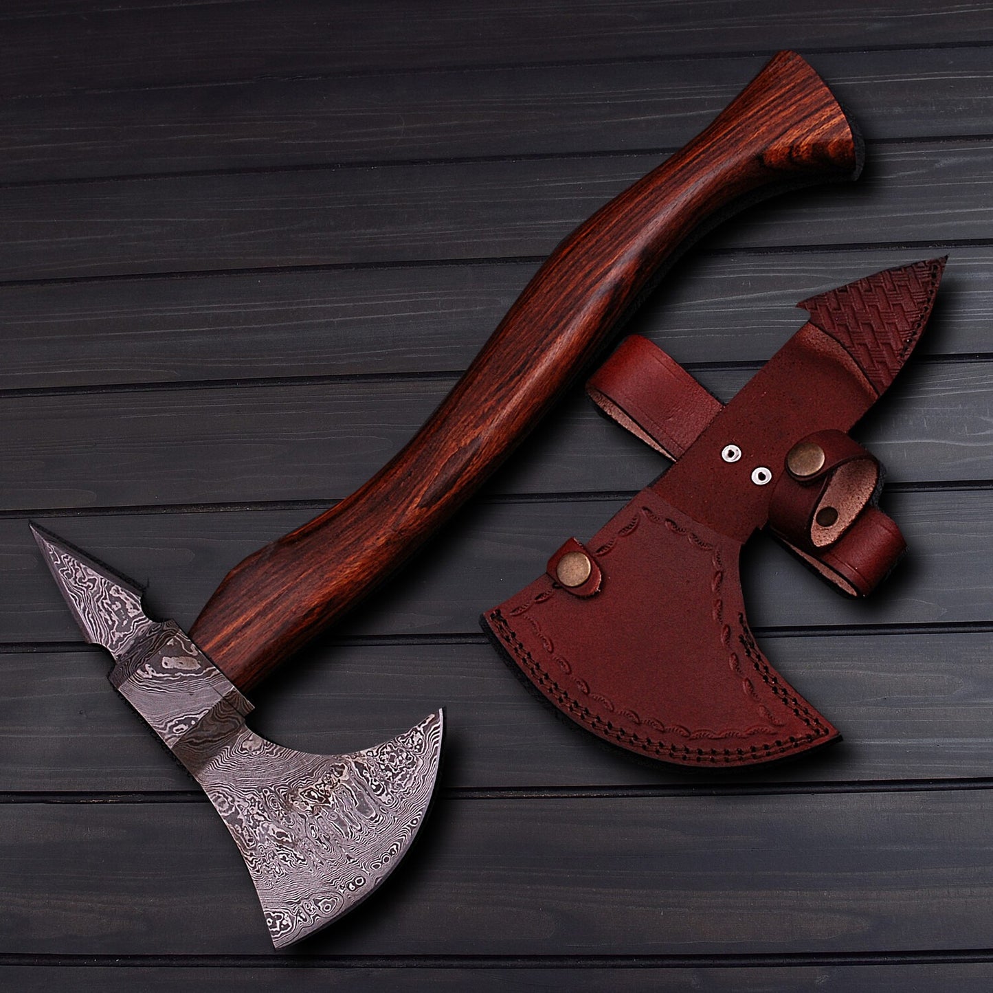 Handcrafted Damascus Steel Axe  Rosewood Grip & Leather Sheath
