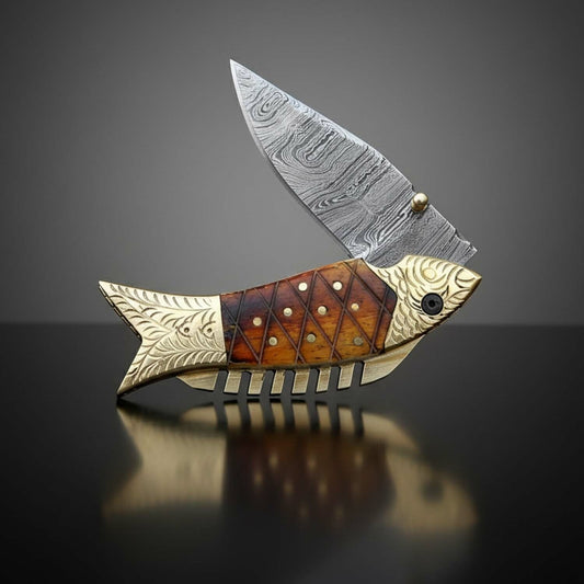 7" Hand-Forged Damascus Camping Knife with Brass & Bone Fish Inlay – Leather Sheath