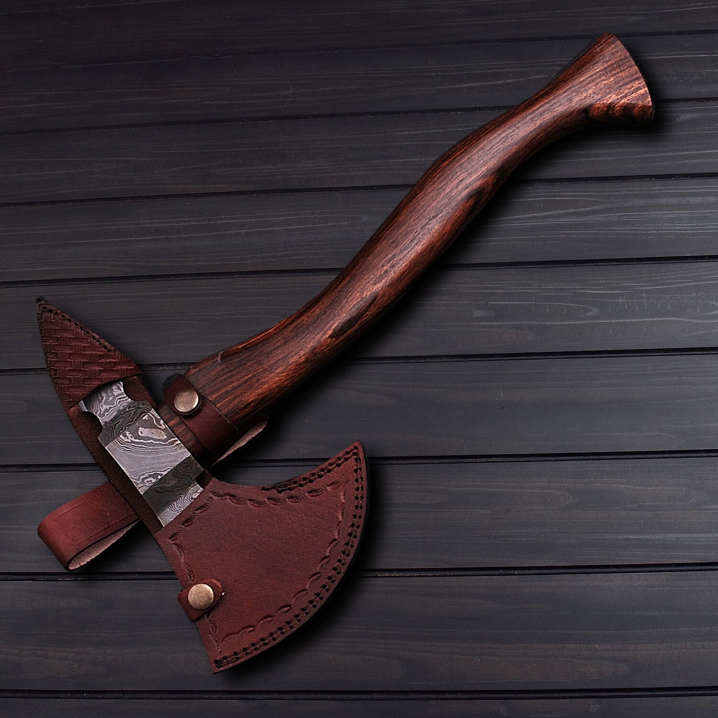 Handcrafted Damascus Steel Axe  Rosewood Grip & Leather Sheath