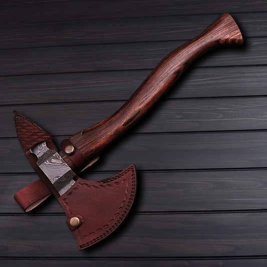 Handcrafted Damascus Steel Axe  Rosewood Grip & Leather Sheath