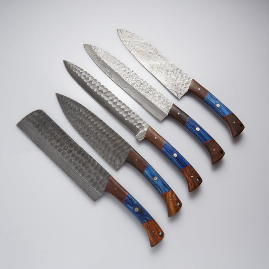 Damascus Chef Knife Set of 5 with Blue Handle & Mosaic Pin – 240+ Layer Steel Blades & Leather Sheaths