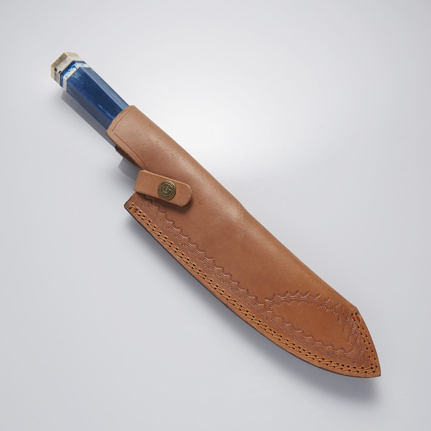 13.5" Damascus Steel Chef’s Knife with Colorful Raisin Handle & Brass Accents – Leather Sheath Included
