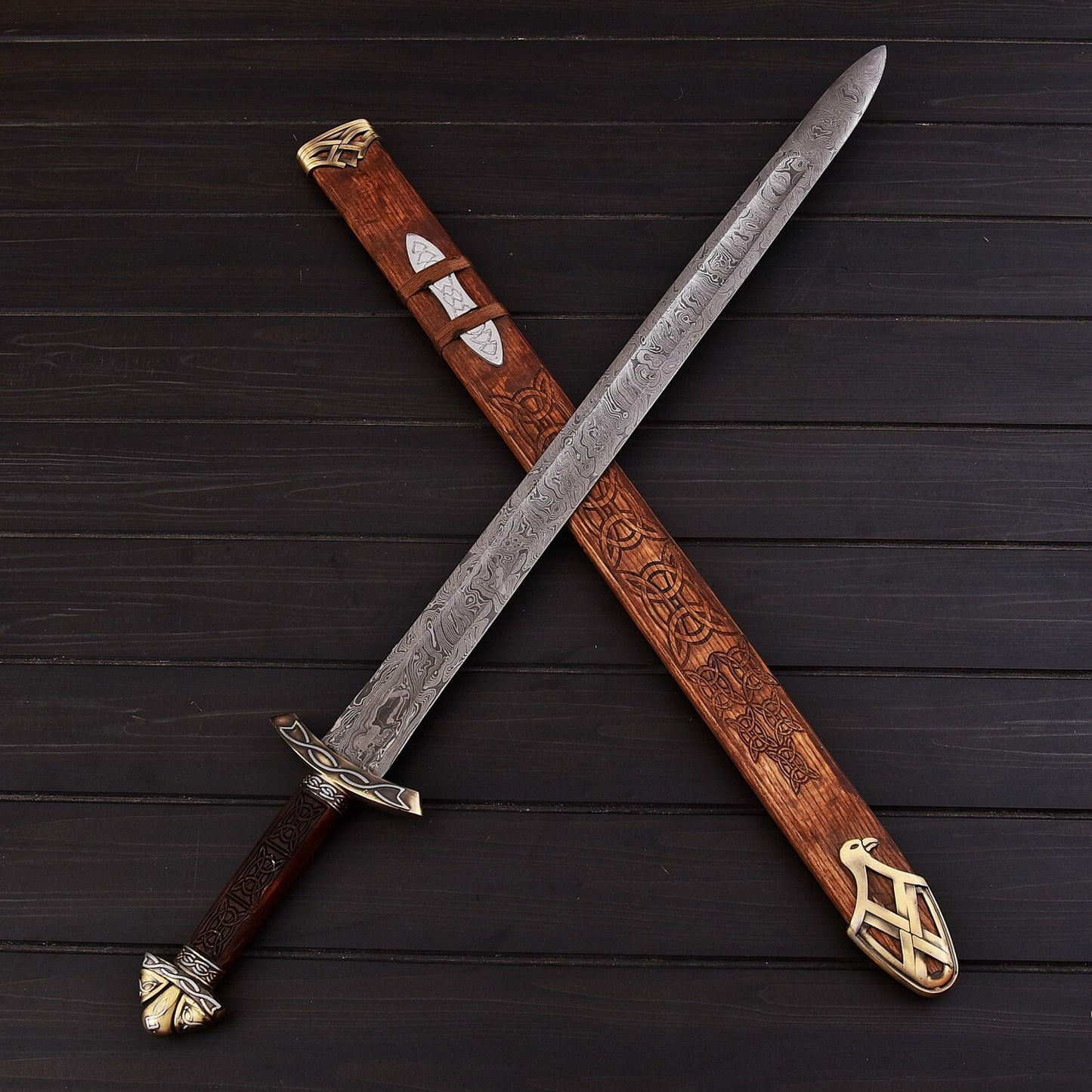 HandForged Damascus Steel Sword  30 Double Edged Battle Ready Blade with Rosewood Handle & Wood Sheath