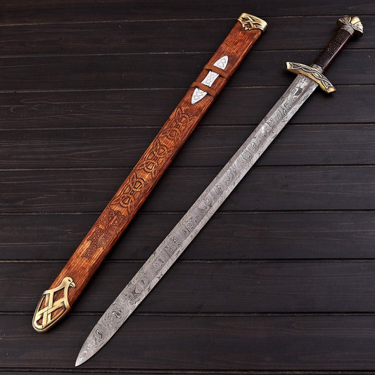 HandForged Damascus Steel Sword  30 Double Edged Battle Ready Blade with Rosewood Handle & Wood Sheath