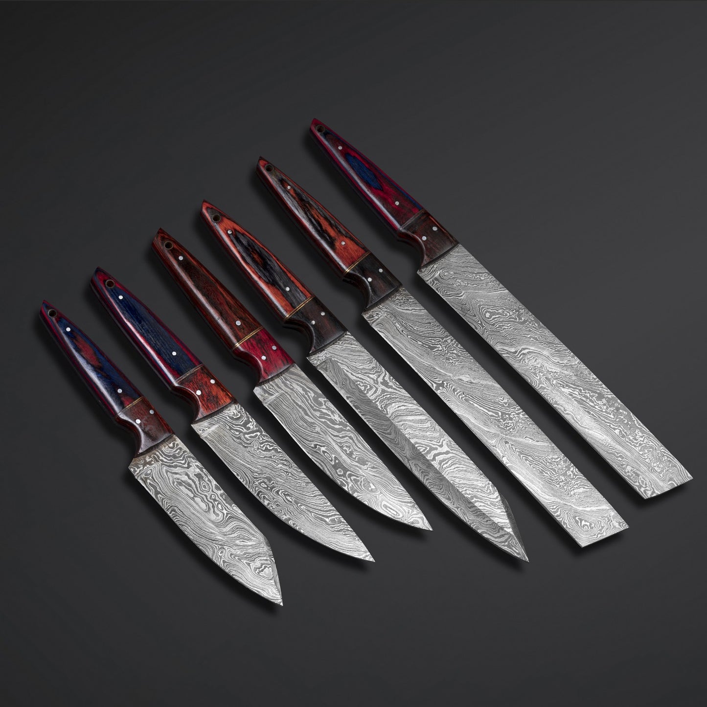 Premium Damascus Chef Knife Set – 6-Piece Professional Kitchen Knives with Red Wood Handles & Leather Case
