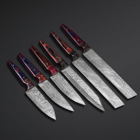 Premium Damascus Chef Knife Set – 6-Piece Professional Kitchen Knives with Red Wood Handles & Leather Case