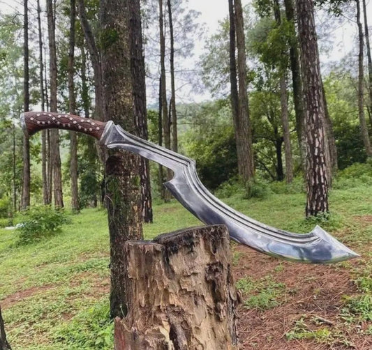 26" Hand-Forged Khopesh Style Carbon Steel Machete with Rosewood Handle Leather Sheath Included