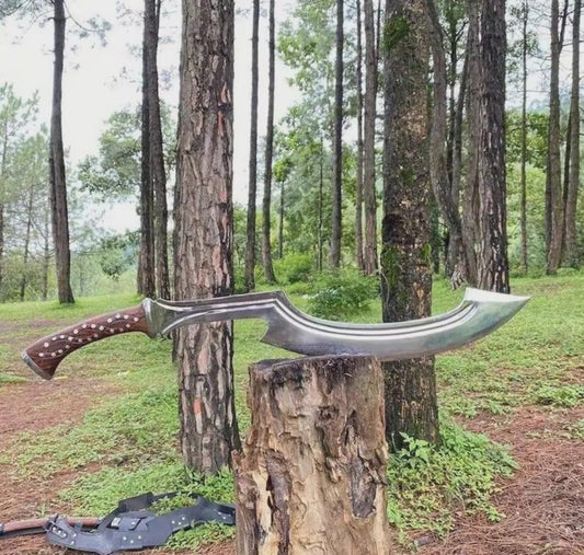 26" Hand-Forged Khopesh Style Carbon Steel Machete with Rosewood Handle Leather Sheath Included