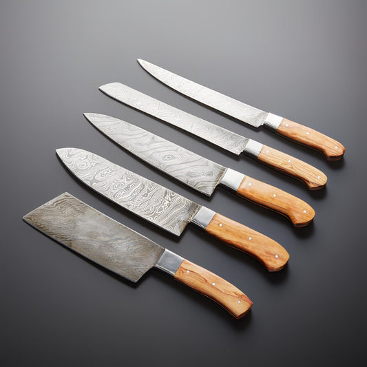 Damascus Kitchen Knife Set of 5 with Olive Wood Handles – 240+ Layer Steel Blades & Storage Pouch