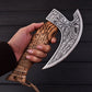 9.5" Viking Pizza Cutter Axe with 1095 High Carbon Steel Blade & Burnt Ash Wood Handle  Leather Sheath
