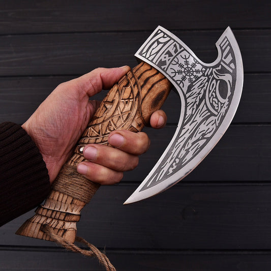 9.5" Viking Pizza Cutter Axe with 1095 High Carbon Steel Blade & Burnt Ash Wood Handle  Leather Sheath