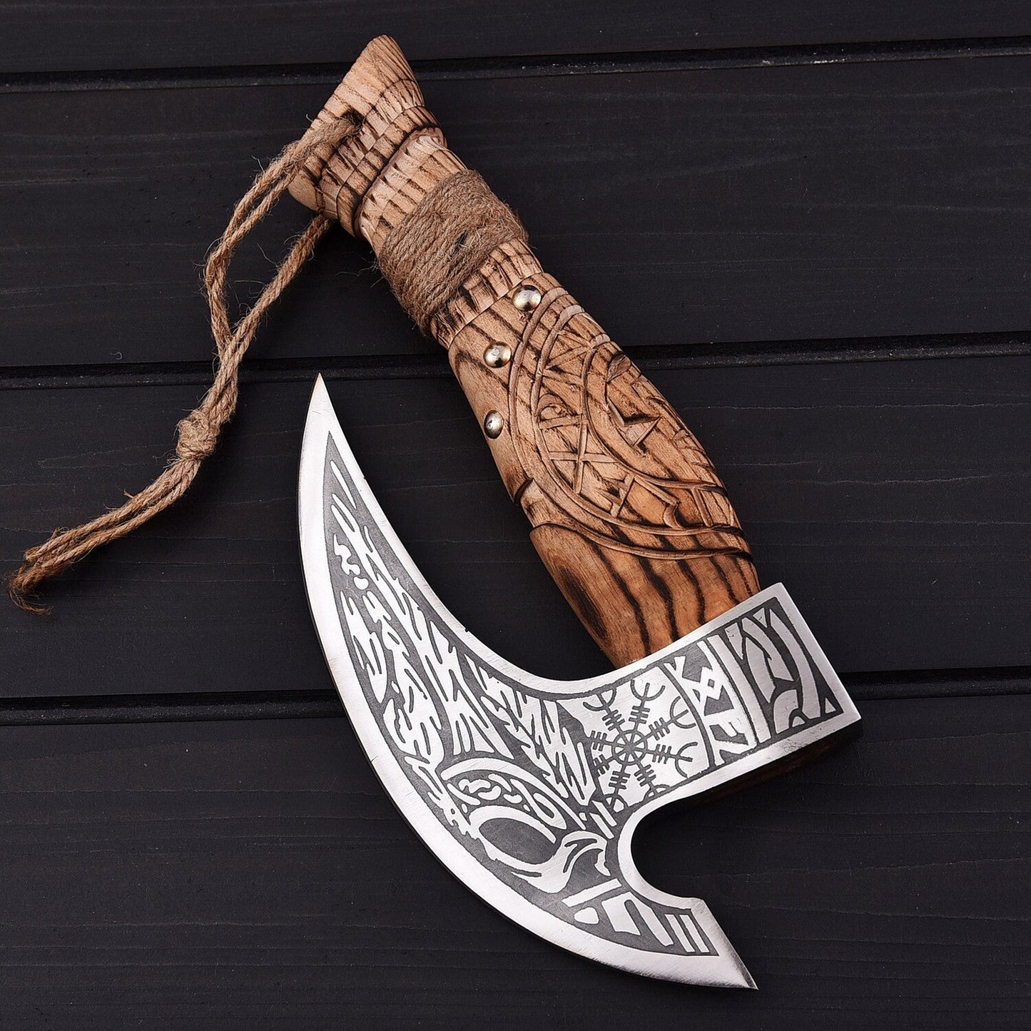 9.5" Viking Pizza Cutter Axe with 1095 High Carbon Steel Blade & Burnt Ash Wood Handle  Leather Sheath