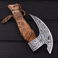 9.5" Viking Pizza Cutter Axe with 1095 High Carbon Steel Blade & Burnt Ash Wood Handle  Leather Sheath