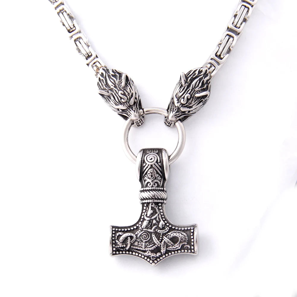 Viking Thor Thor hammer pendant necklace titanium steel wolf head chain necklace Viking Retro jewelry