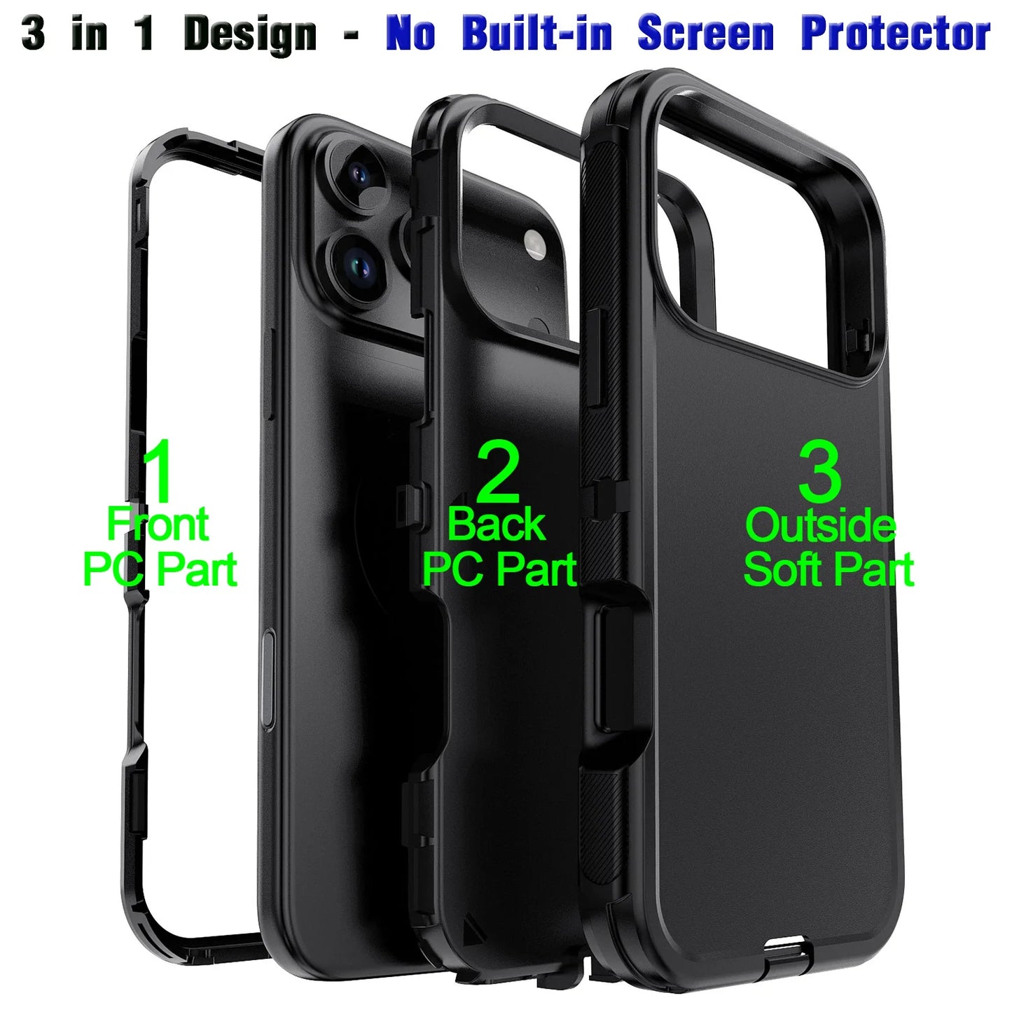 Black For iPhone 17/17 Air/17 Pro/17 Pro Max Case Heavy Duty Shockproof Hard Protective Rugged Hybrid 3-Layers Cover