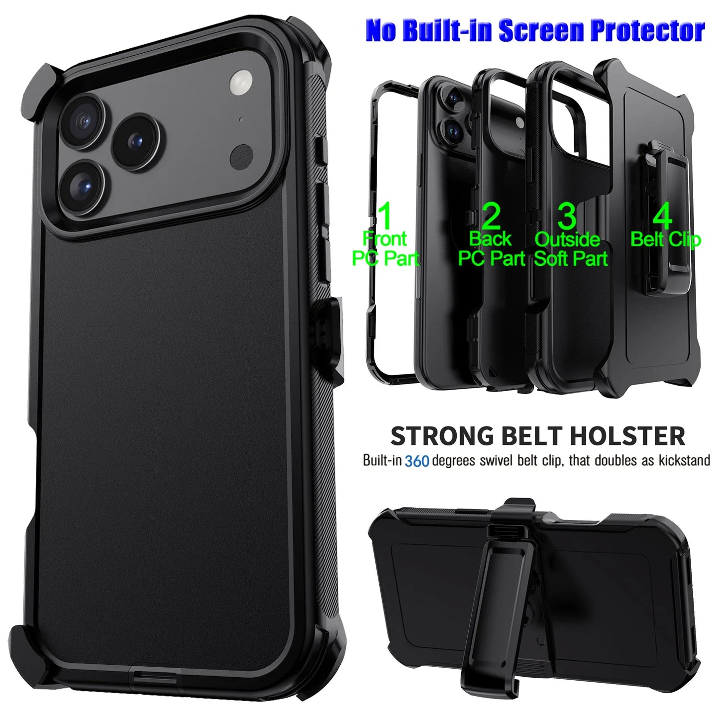 Black For iPhone 17/17 Air/17 Pro/17 Pro Max Case Heavy Duty Shockproof Protective Hard Rugged Hybrid 3-Layers Cover With Clip