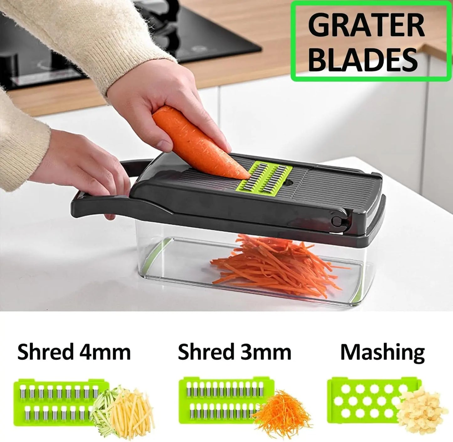 16-in-1 Vegetable Chopper with 8 Blades, Container, Shredder and Strainer, Vegetable Slicing, Dicing, Shredding, Cubing, Multi-