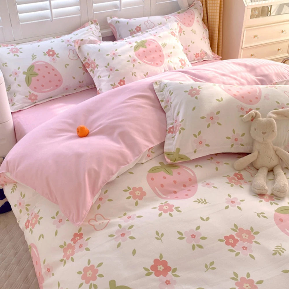 For White Pink Duvet Cover Set Full Size - Pink Strawberry Bedding Full Comforter Sets 3 PCS with Zipper Closure Duvet Cover & 2