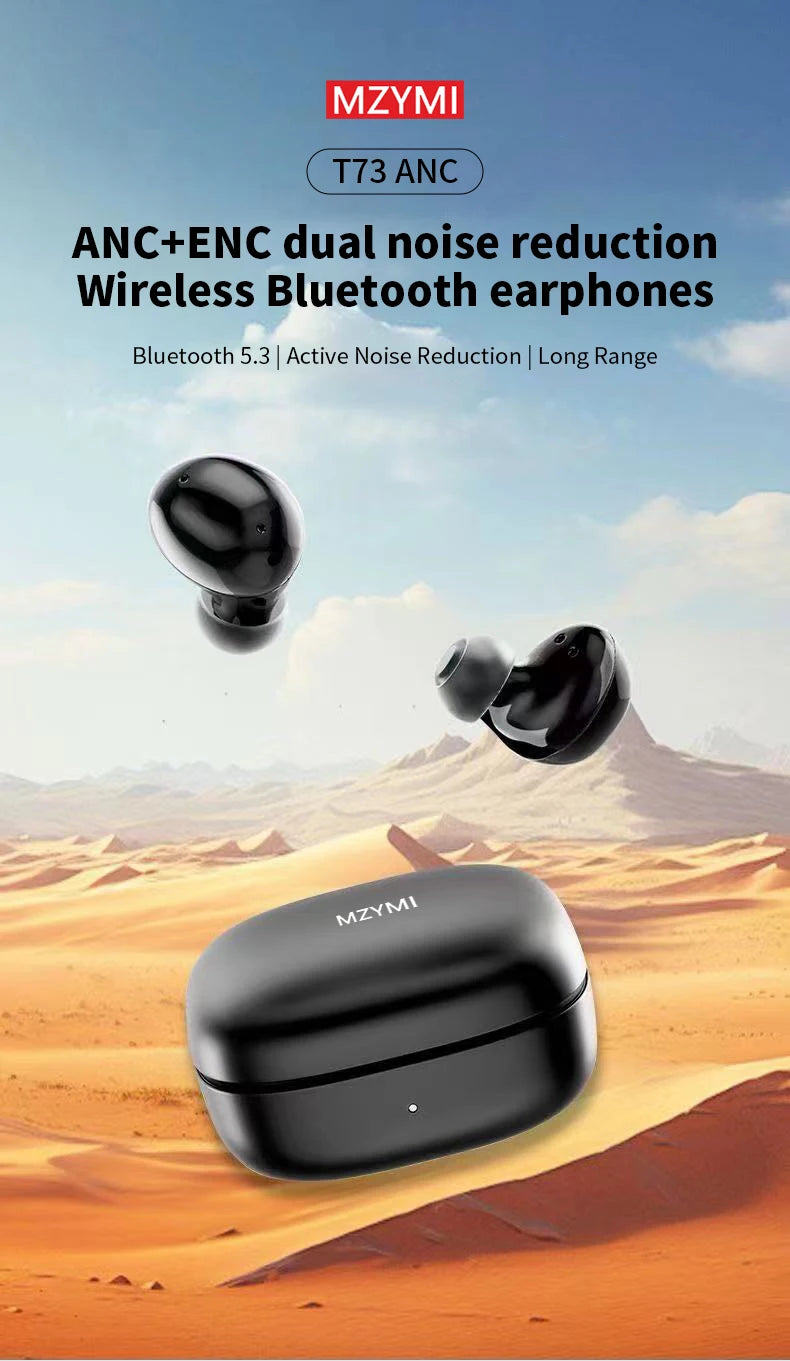 MZYMI ANC Wireless Headphone T73 TWS Bluetooth In Ear ENC Headset Touch Control Active Noise Cancelling Sport Earphone With Mic