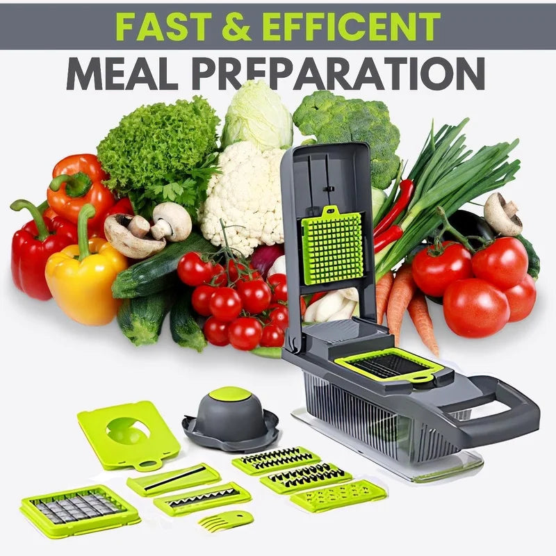 16-in-1 Vegetable Chopper with 8 Blades, Container, Shredder and Strainer, Vegetable Slicing, Dicing, Shredding, Cubing, Multi-