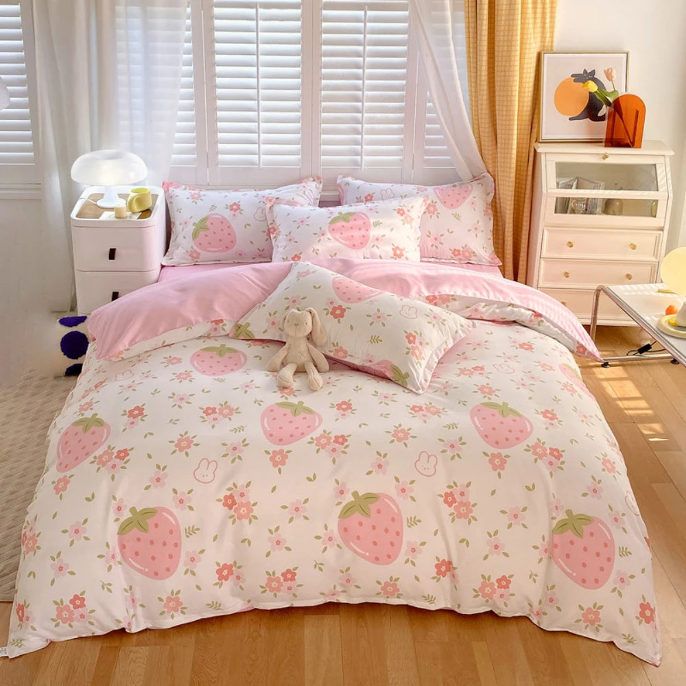 For White Pink Duvet Cover Set Full Size - Pink Strawberry Bedding Full Comforter Sets 3 PCS with Zipper Closure Duvet Cover & 2