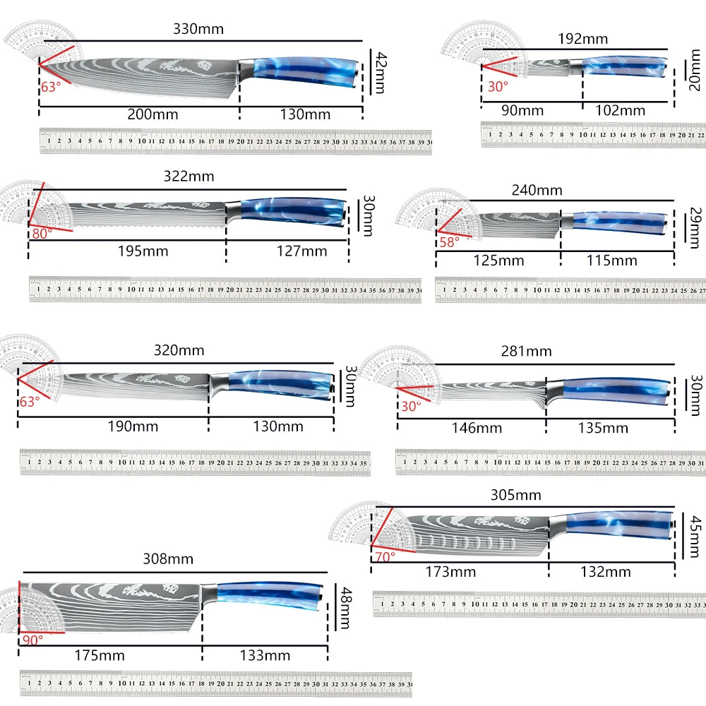 8PCS Chef's Knife Kitchen Knives Set Utility Boning Knife Cleaver Meat Fruit Bread Knife Japanese Santoku Knife with Cover