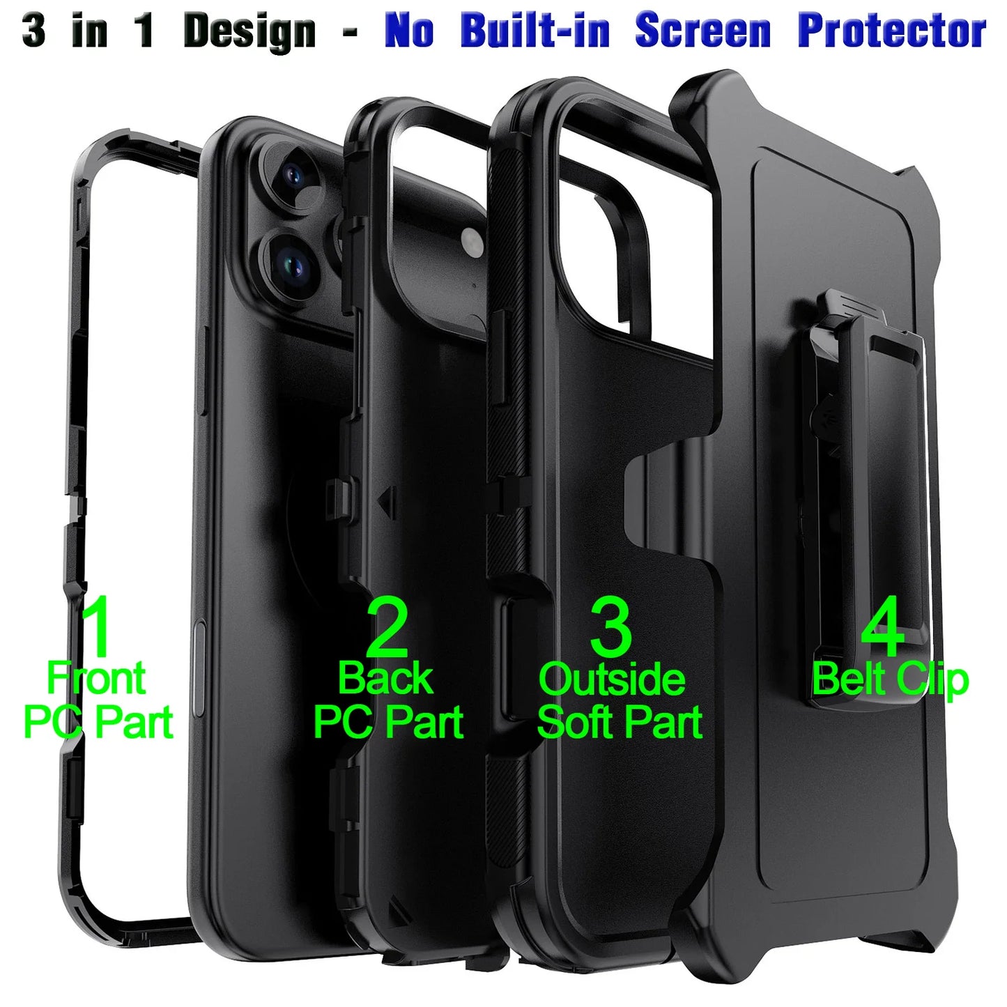 Black For iPhone 17/17 Air/17 Pro/17 Pro Max Case Heavy Duty Shockproof Protective Hard Rugged Hybrid 3-Layers Cover With Clip
