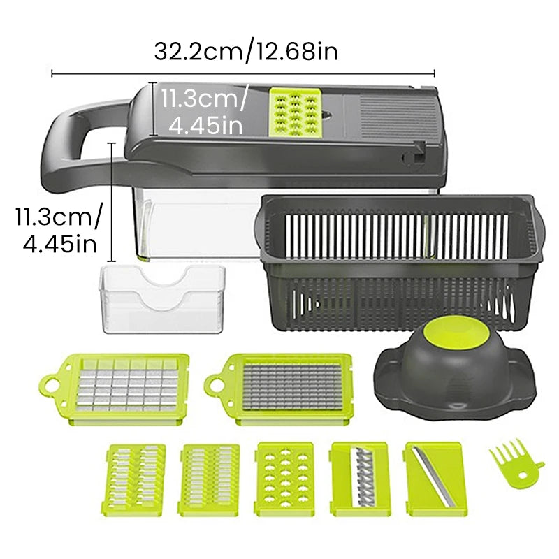 16-in-1 Vegetable Chopper with 8 Blades, Container, Shredder and Strainer, Vegetable Slicing, Dicing, Shredding, Cubing, Multi-
