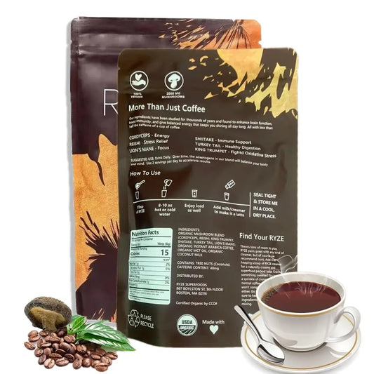 Organic Mushroom Coffee - Shiitake, Cordyceps, Supports Immune, Focus, Concentration, Stress, Digestion & Energy - 180 G