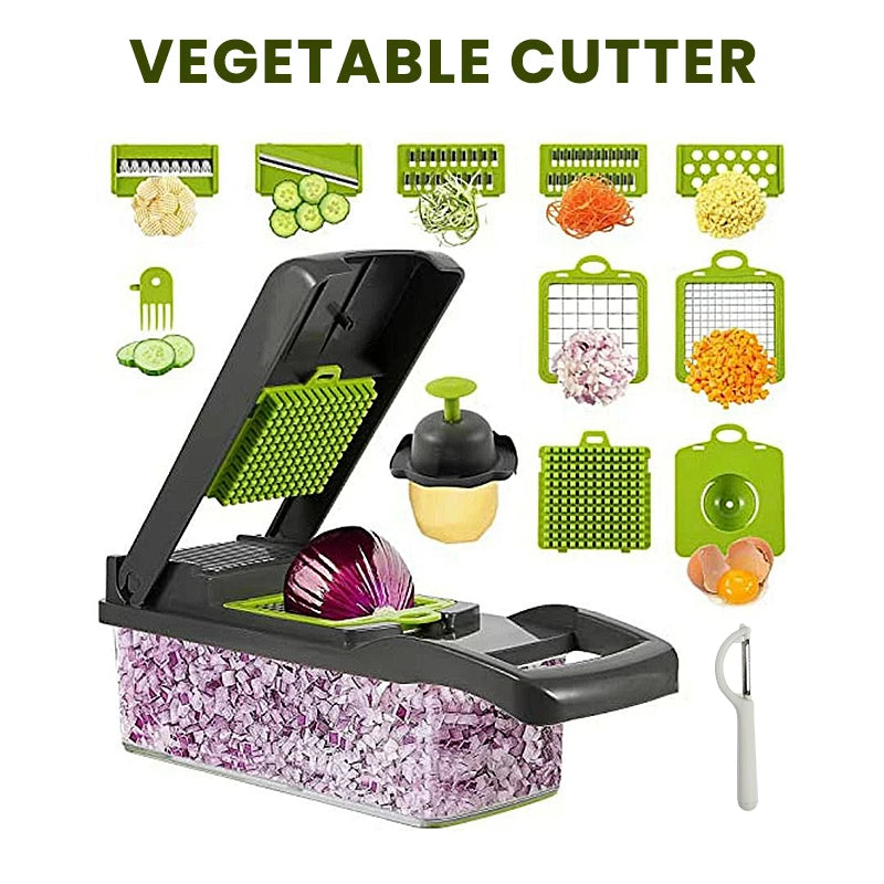 16-in-1 Vegetable Chopper with 8 Blades, Container, Shredder and Strainer, Vegetable Slicing, Dicing, Shredding, Cubing, Multi-