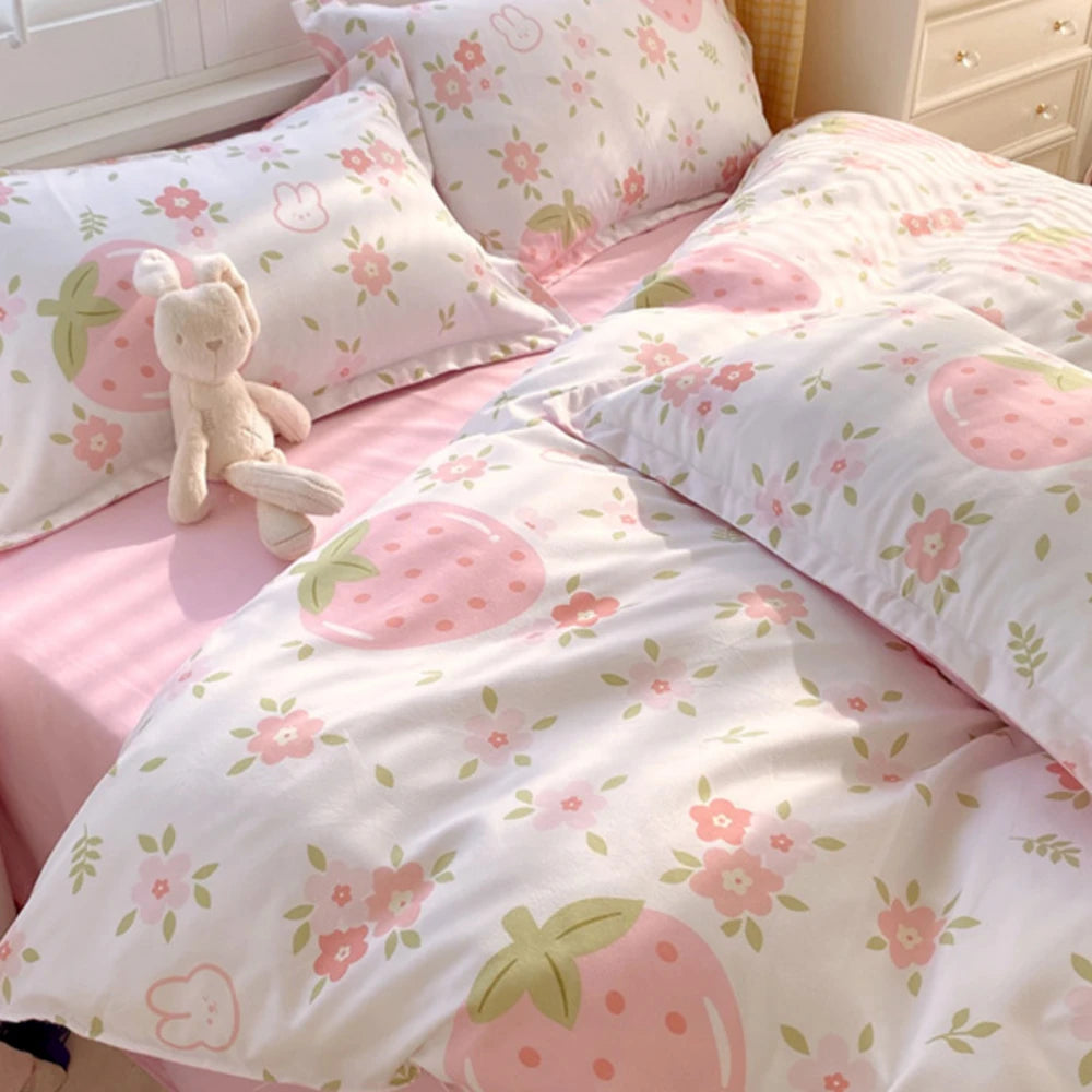 For White Pink Duvet Cover Set Full Size - Pink Strawberry Bedding Full Comforter Sets 3 PCS with Zipper Closure Duvet Cover & 2