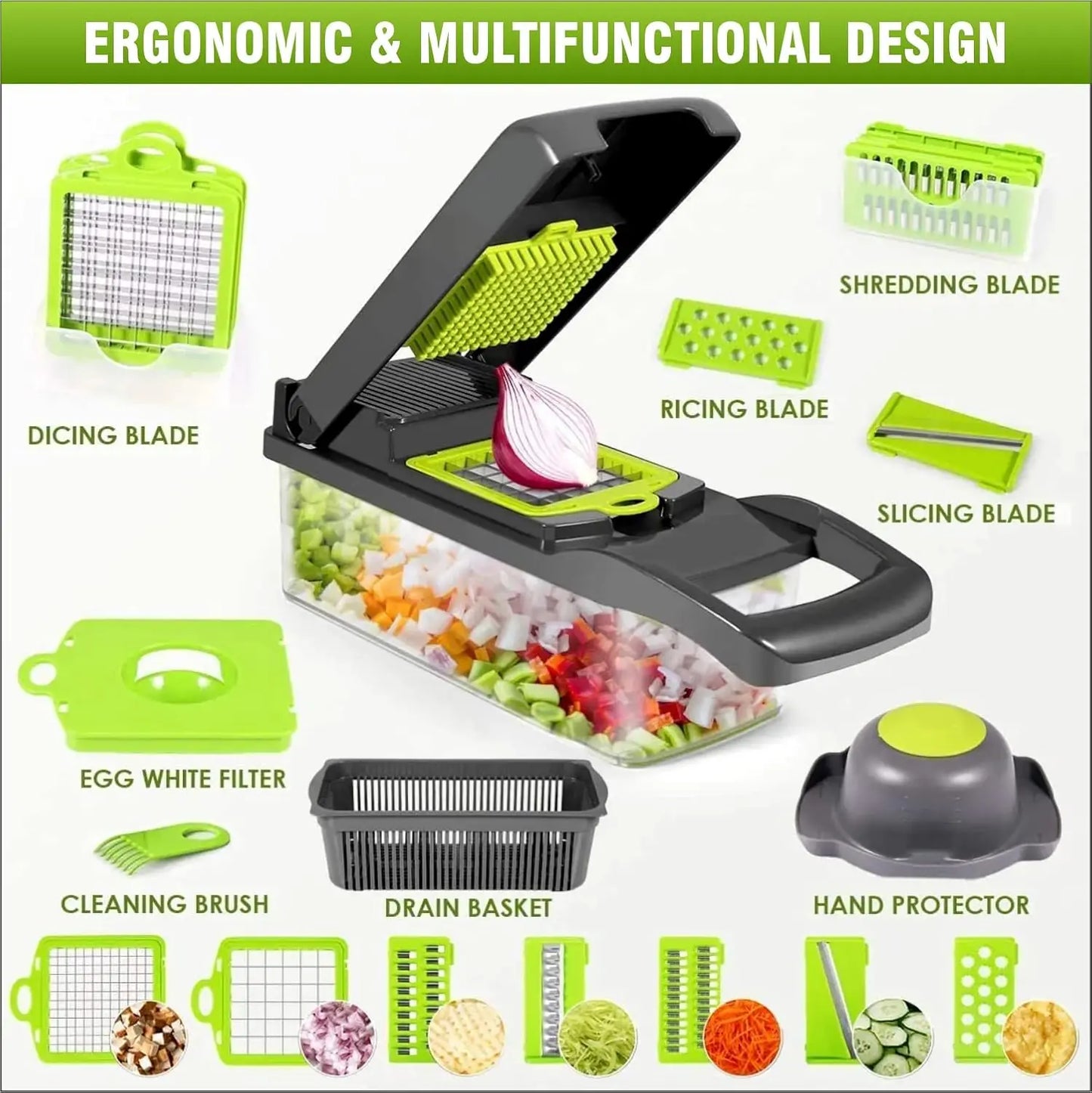 16-in-1 Vegetable Chopper with 8 Blades, Container, Shredder and Strainer, Vegetable Slicing, Dicing, Shredding, Cubing, Multi-
