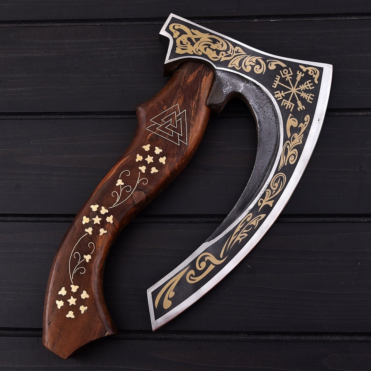 12.5" Viking Pizza Cutter Axe with 1095 High Carbon Steel Blade & Rosewood Handle  Leather Sheath Included