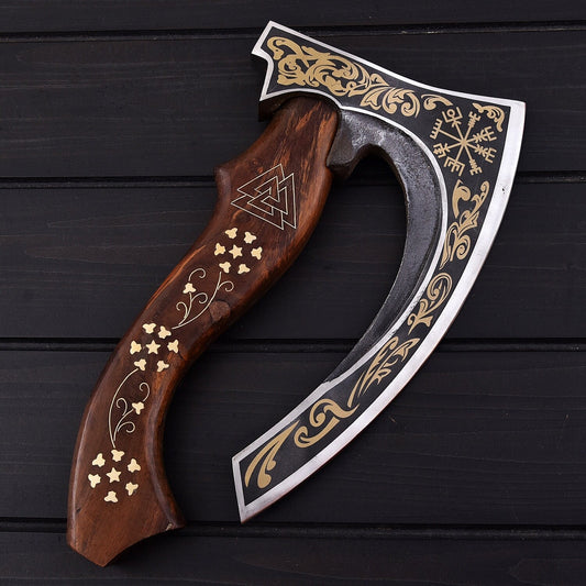 12.5" Viking Pizza Cutter Axe with 1095 High Carbon Steel Blade & Rosewood Handle  Leather Sheath Included