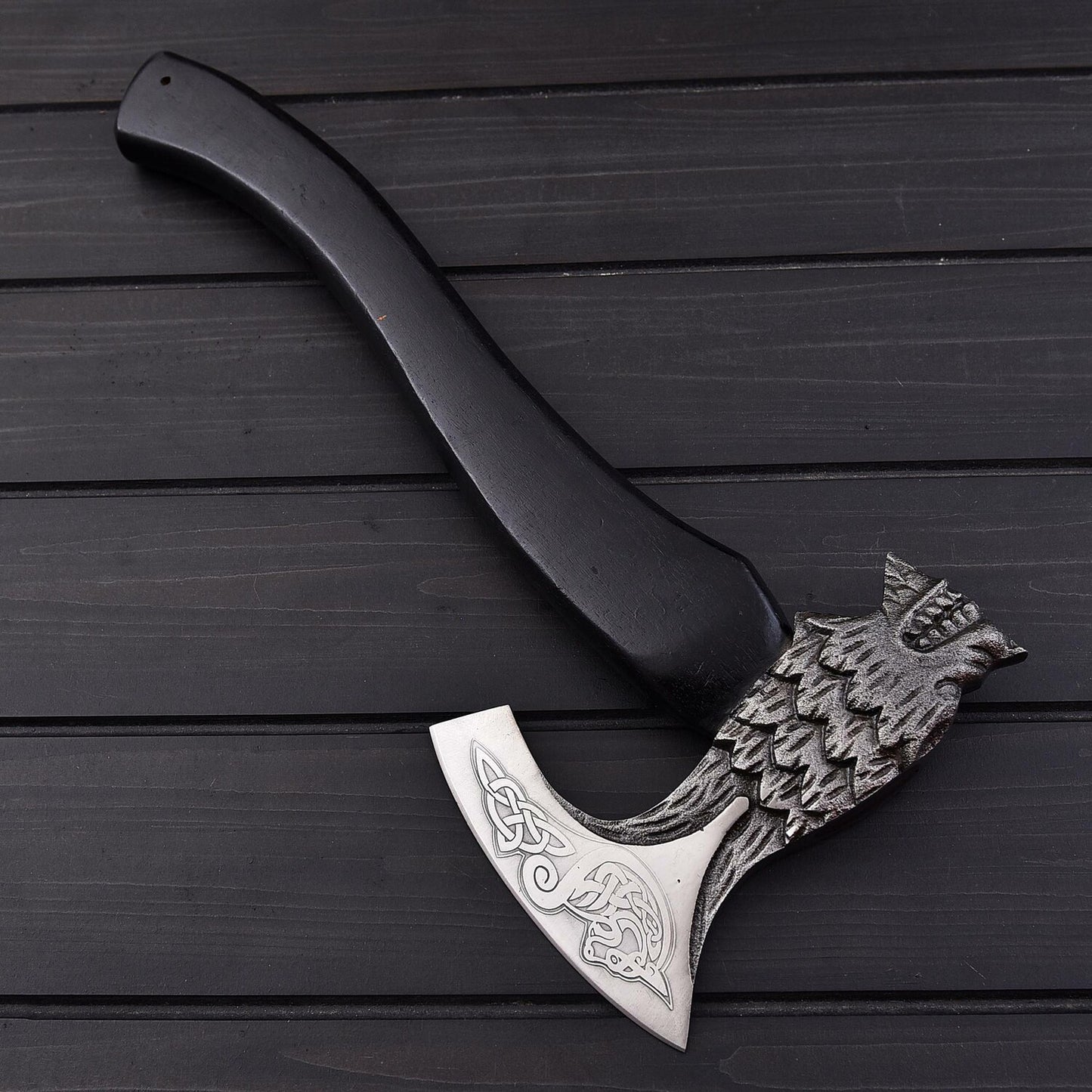 17.5" Wolf Head Viking Axe with 1095 High Carbon Steel Blade & Black Rosewood Handle  Leather Sheath
