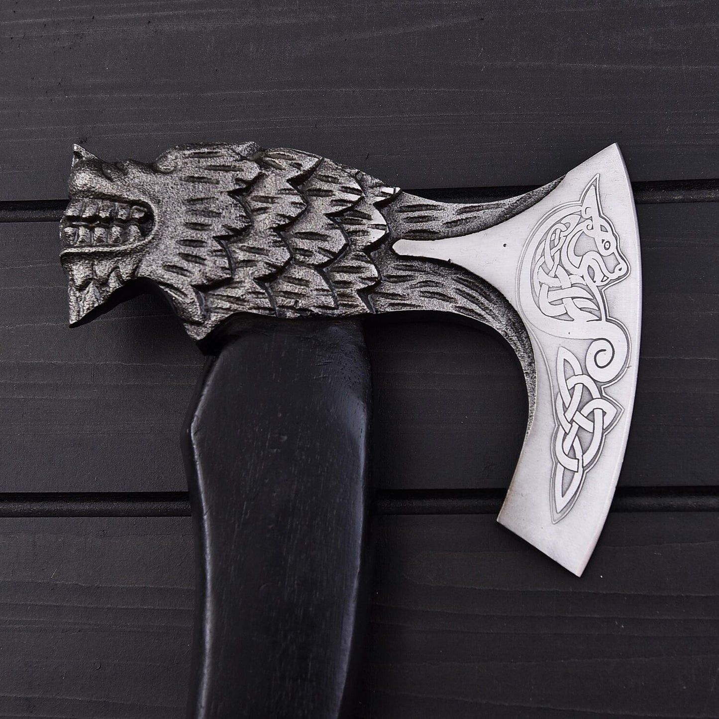17.5" Wolf Head Viking Axe with 1095 High Carbon Steel Blade & Black Rosewood Handle  Leather Sheath