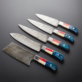 Tricolor Timber Damascus Chef Knife Set with Blue Wood & Camel Bone Handles – 240+ Layers Steel Blades & Pouch