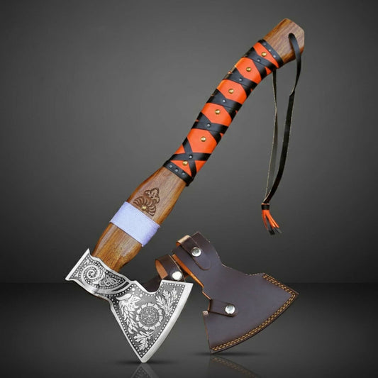 Viking Ember Engraved Fixed Blade Axe with Hardwood & Leather Wrap Handle – Leather Sheath Included