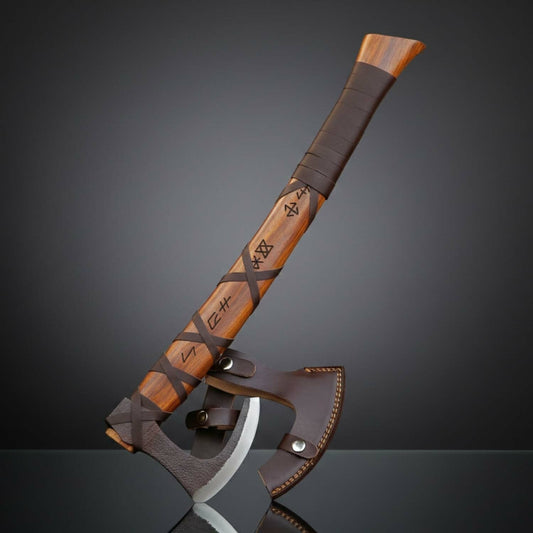 Handmade Runic Viking Warrior Fixed Blade Axe with Rosewood Handle – Leather Sheath Included