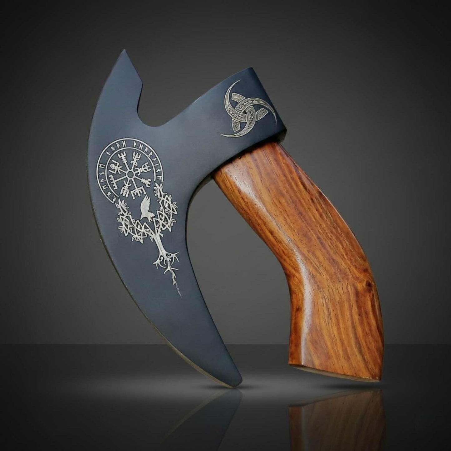 Norse Raven Engraved Fixed Blade Axe with Rosewood Handle – Leather Sheath Included