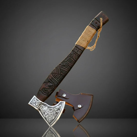 Norse Woodland Engraved Fixed Blade Axe with Ash Wood & Jute Wrap Handle – Leather Sheath Included