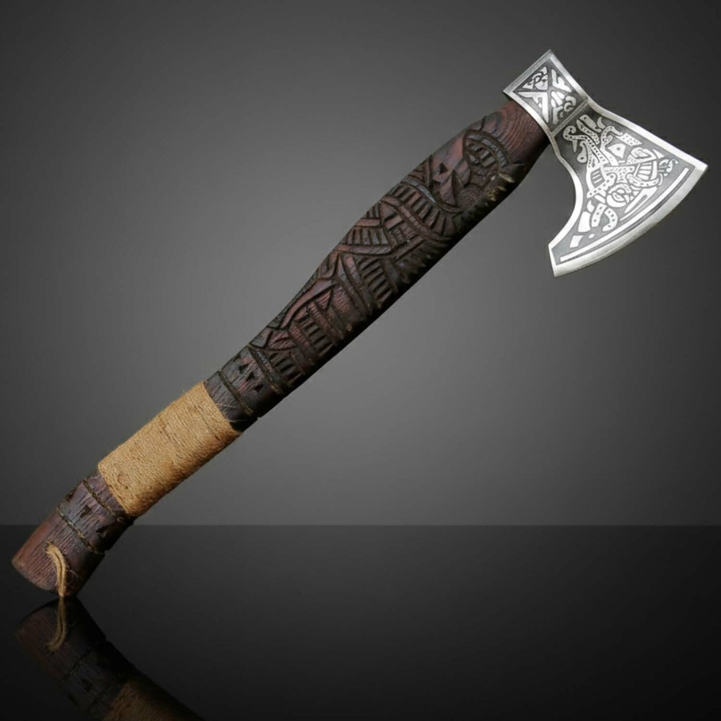 Norse Woodland Engraved Fixed Blade Axe with Ash Wood & Jute Wrap Handle – Leather Sheath Included