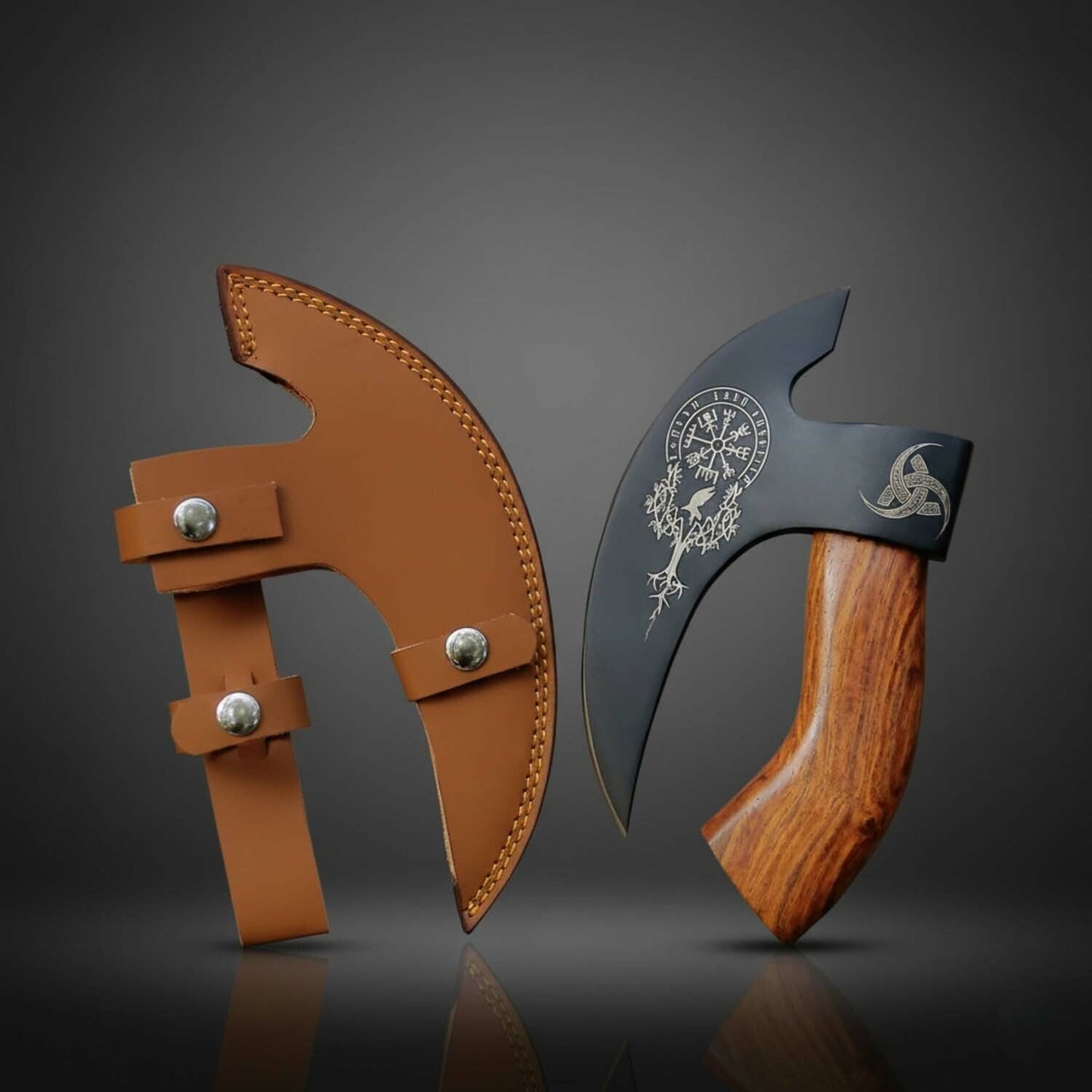 Norse Raven Engraved Fixed Blade Axe with Rosewood Handle – Leather Sheath Included