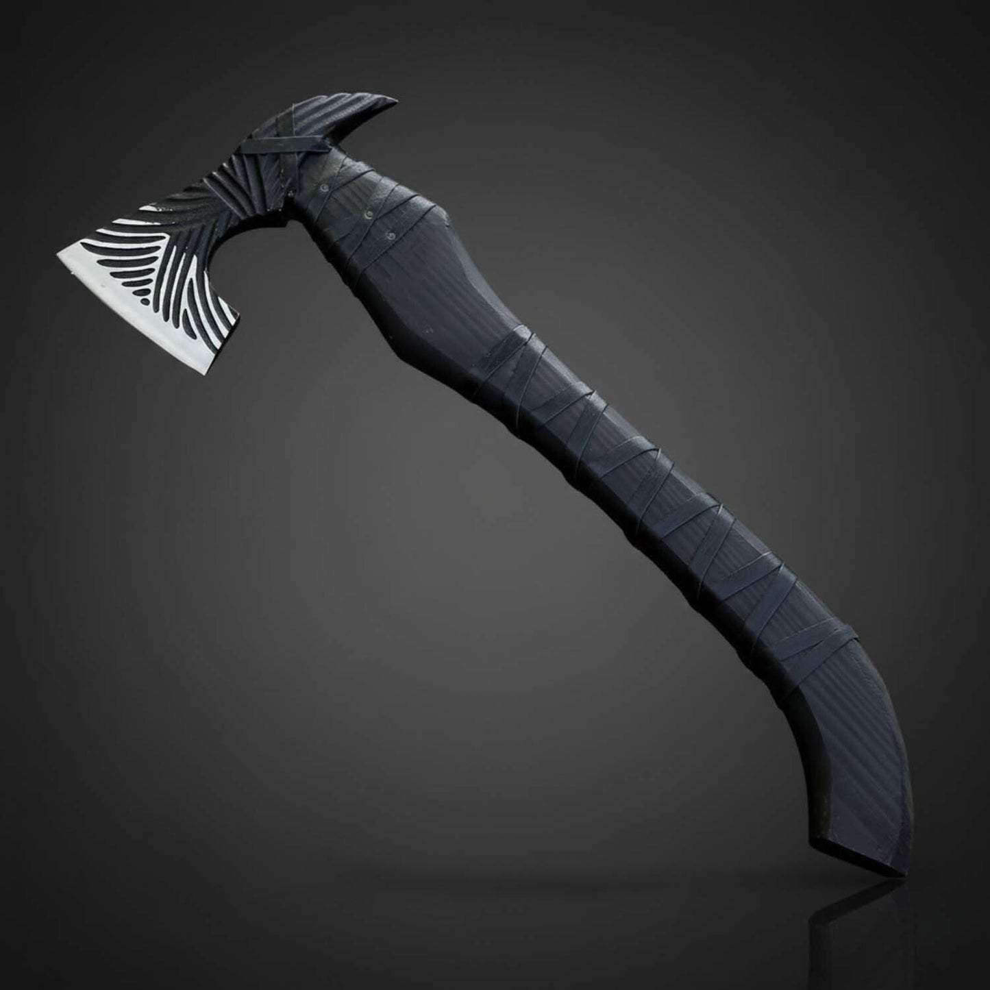Black Engraved Fixed Blade Axe with Ash Wood Handle – Leather Sheath Included