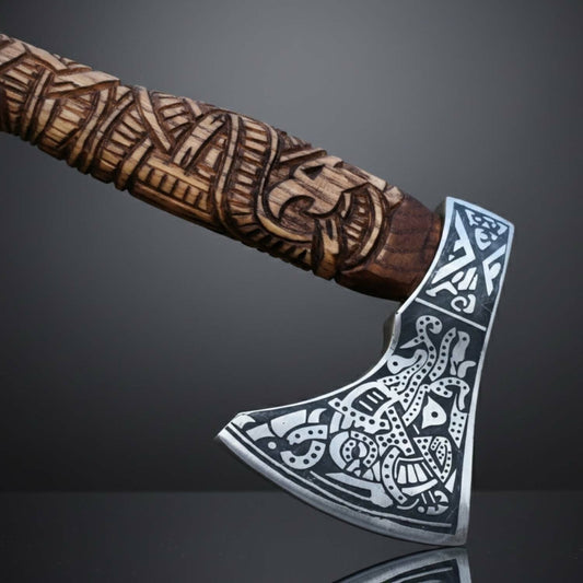 Norse Woodland Engraved Fixed Blade Axe with Ash Wood & Jute Wrap Handle – Leather Sheath Included